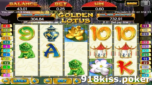 Golden Lotus reels with jade guardian lions, the porcelain jar, a gold lotus and pagoda lanterns, with a win of 0.60