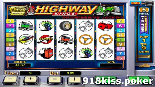 Highway Kings reels with a SCATTER symbol, a red fuel can, a tyre, trucks and pistons, credit 41.67