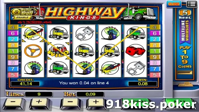 Highway Kings slot on 918Kiss with trucks, spark plugs, pistons and a steering wheel, a winning line drawn across line 4 and a WIN of 0.08