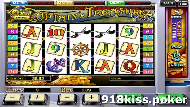 Captain's Treasure reels with crossed cutlasses, a ship's wheel, an anchor and parchment card symbols, credit 36.92