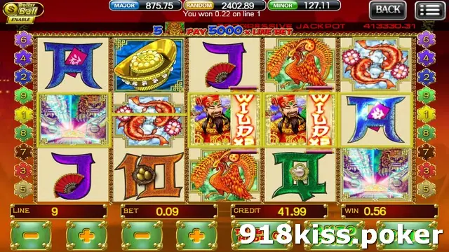 Zhao Cai Jin Bao slot on 918Kiss with two God of Wealth WILD symbols, a gold ingot, koi fish and a phoenix, and a banner reading Pay 5000 x line bet