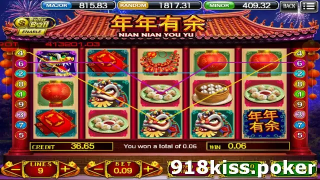Nian Nian You Yu reels with lion dance heads, red lanterns, dumplings and a steamer basket of buns, with a win of 0.06