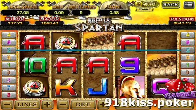 Spartan slot on 918Kiss with rows of spearmen, a warrior in a crested helmet, a shield-shaped ring and red card symbols on sandstone reels