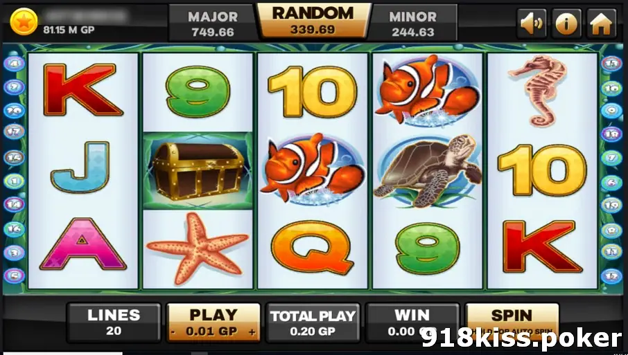 Dolphin Reef on Joker123 showing a treasure chest, starfish, clownfish, a sea turtle and a seahorse among card symbols on five reels, with 20 lines selected