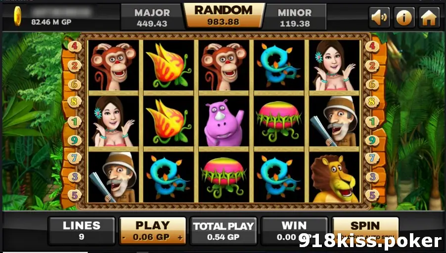 Huga at 0.06 per line with a total of 0.54, showing the woman symbol, the hunter, the lion and blue vines, and no win