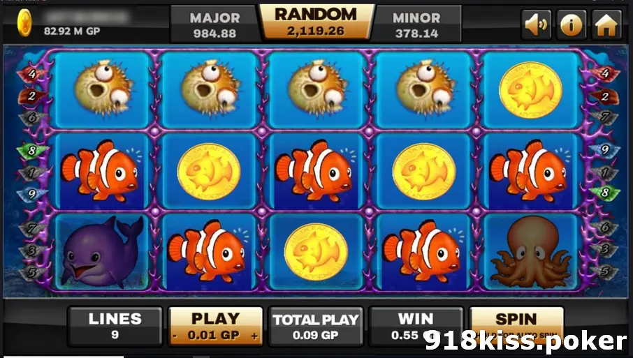Ocean Paradise with a full top row of puffer fish on the first four reels and clownfish and gold coins alternating below