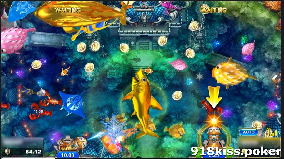 Super EX fish room on Joker123 with a gold shark in the centre, pink puffer fish, lobsters, a blue manta ray and gold coins floating across a reef