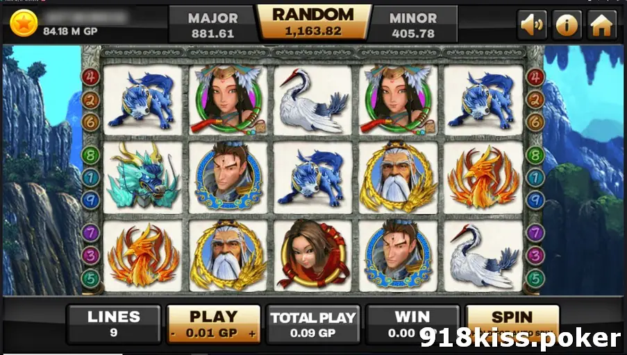 Thun ten GOD on Joker123 with portraits of an old sage, a young warrior, a woman archer and a red-haired heroine, plus a blue beast, phoenixes, cranes and a green qilin