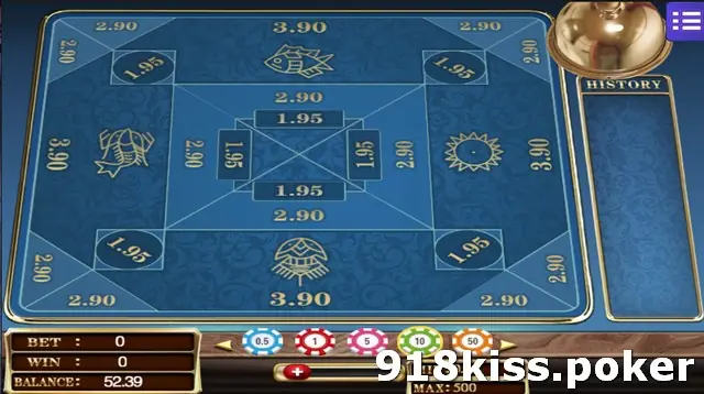 Mega888 Belangkai board in blue with fish, prawn, sun and crest symbols, payout figures 1.95, 2.90 and 3.90, and a brass dome at the top right