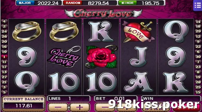 Cherry Love slot on Mega888 with gold rings, a red rose, a heart tattoo with a LOVE banner and silver card letters on five reels