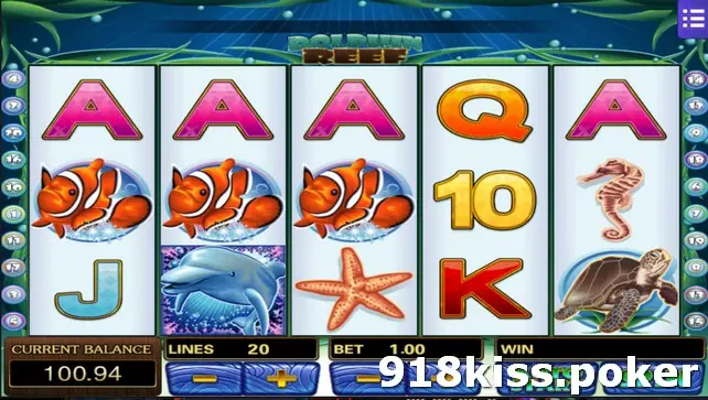Dolphin Reef slot on Mega888 with three clownfish across the middle row, a dolphin, a starfish, a seahorse and a turtle, set to 20 lines at 1.00