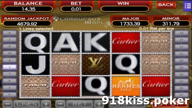 Glamourous World reels mid-spin with blurred label tiles and rhinestone letters