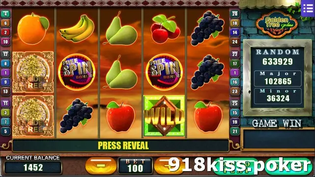 Golden Tree Plus with two Free Spin Bonus symbols, a green WILD tile, two Golden Tree emblems on reel one and PRESS REVEAL in the message bar