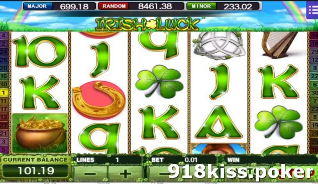 Irish Luck slot on Mega888 with a four-leaf clover, gold horseshoe, pot of gold, harp and Celtic knot among green card letters