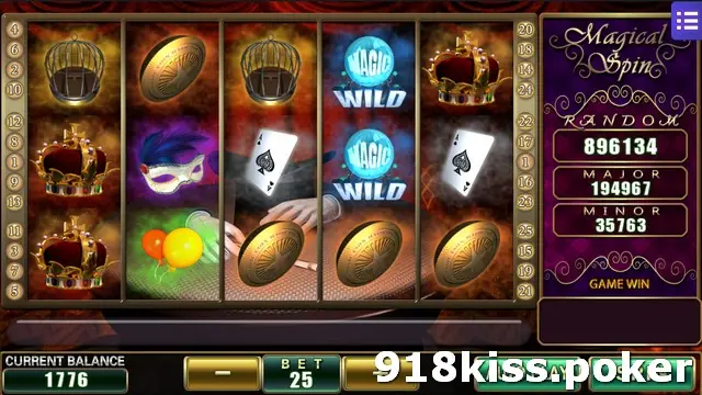 Magical Spin slot on Mega888 with two Magic Wild tiles on reel four, crowns, a bird cage, a feathered mask and ace of spades cards on a stage background