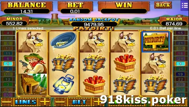Pay Dirt reels with dogs, ore carts, dynamite crates, a lantern, the mine shack and a Paydirt sign, with 1 Lines selected and 0.01 Bet per line