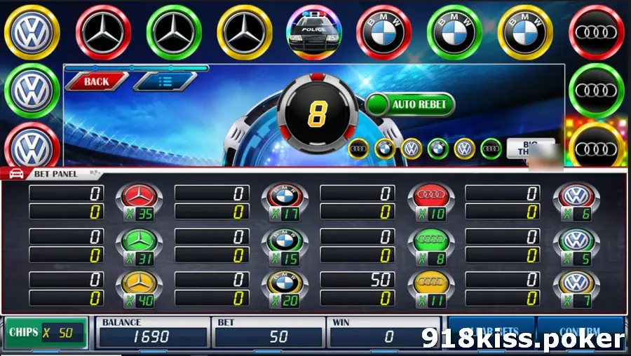 Racing Car_Online on Mega888 with a border of coloured car-badge lights, a number 8 in the centre dial, Auto Rebet and Big Three buttons, and a bet panel with odds from x5 to x40