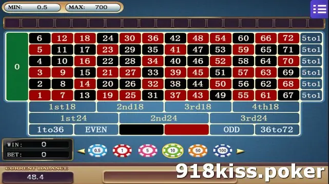 Roulette 73 betting board on Mega888 with 0 in green, numbers 1 to 72 in red and black, 5to1 row bets, 1st18 to 4th18, 1st24 to 3rd24, and chips from 0.5 to 100