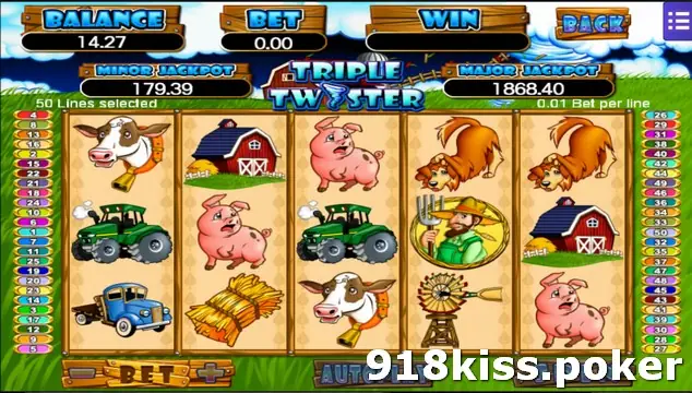 Triple Twister reels with a cow, tractors, pigs, a hay bale, the farmer, a windmill, a barn and dogs, at 50 lines