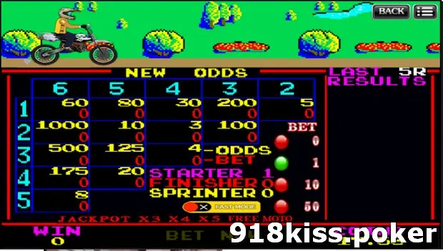 Motorbike New Odds board with rider pairs from 1-2 to 5-6, odds values such as 1000, 500, 200 and 3, and bet buttons 1, 10 and 50