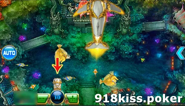 A red arrow pointing down at the player's cannon on a green-lit ocean table with a silver whale creature and two pufferfish