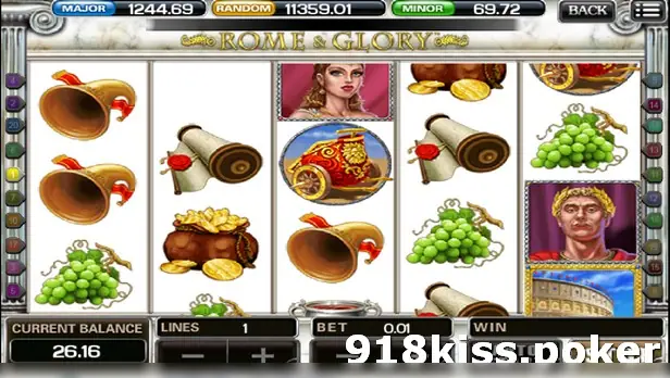 Rome and Glory reels with horns, grapes, scrolls, a money bag, a golden chariot, an emperor and a Colosseum symbol, 1 line at 0.01