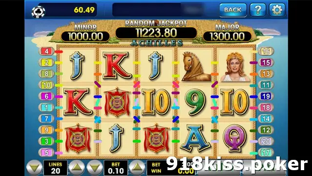 Achilles on 3Win8 with all 20 lines drawn across the reels and LINES 20, BET 0.10 on the control bar