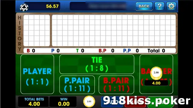 3Win8 Baccarat history board, empty, with counters for B, P, T, B.P and P.P all at 0