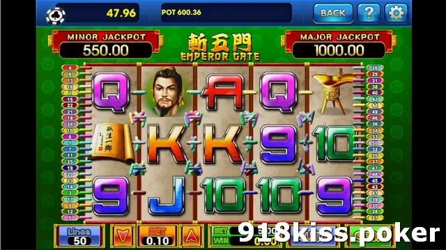 Emperor Gate on 3Win8 at 50 lines and BET 0.10 with the warrior and pagoda symbols on the reels, MINOR 550.00, MAJOR 1000.00
