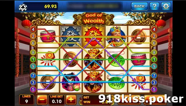 God of Wealth on 3Win8 with nine paylines across reels of drums, jade, coins, the red fa wild, the God of Wealth and a lantern-lit temple backdrop