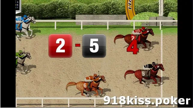 Horse Derby race on 3Win8 with horses 4, 5 and 6 running on a dirt track and a 2-5 result shown in red and black tiles