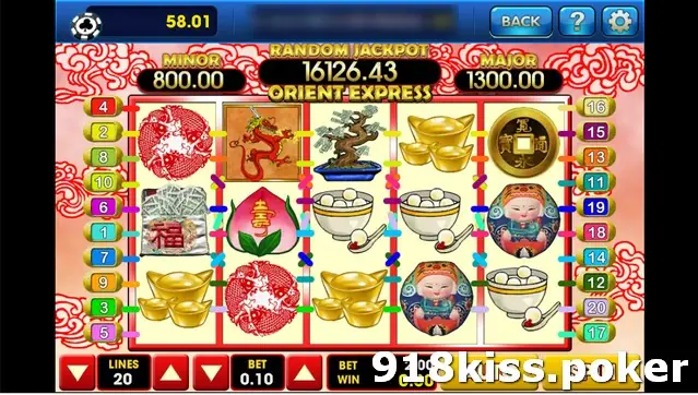 Orient Express on 3Win8 at 20 lines and BET 0.10 with koi, dragon, bonsai, peach and lucky-doll symbols under coloured paylines