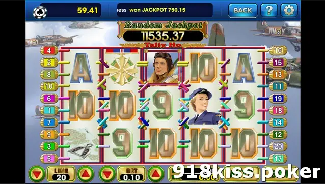 Tally's Ho on 3Win8 at 20 lines and BET 0.10 with the pilot, a uniformed woman, medals and card symbols under crossed paylines