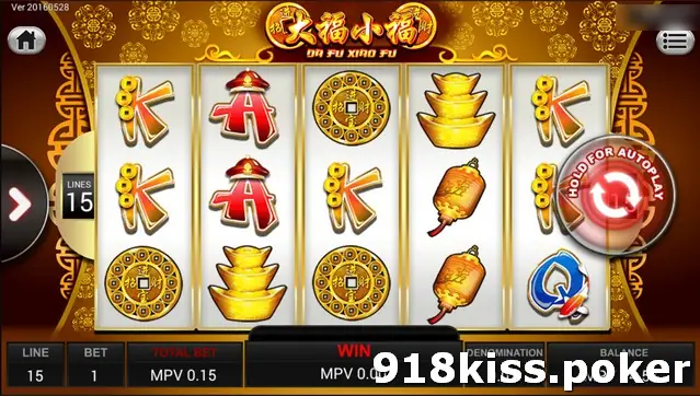 Da Fu Xiao Fu at 15 lines with gold coins, ingots, lanterns and letter symbols, Total Bet MPV 0.15