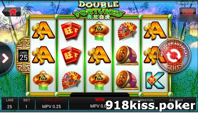 Double Fortunes logo above reels of lanterns, red envelopes, fans, drums and letters, with LINES 25 on the left