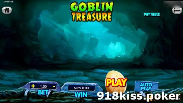 Goblin Treasure empty cave screen with the game logo, Bet 1.00, Win MPV 0.00 and the egg-shaped Play button