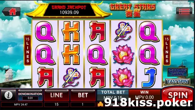 Great Stars reels with Q, K, A letters, a feather fan and pink lotus flowers, a Grand Jackpot box on a pagoda roof and 15 LINES markers