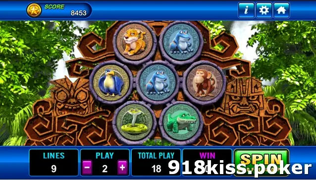 Amazon Jungle on Play8oy with seven round stone tiles arranged in a honeycomb on a carved temple, showing a jaguar cub, two frogs, a parrot, a monkey, a snake and a crocodile