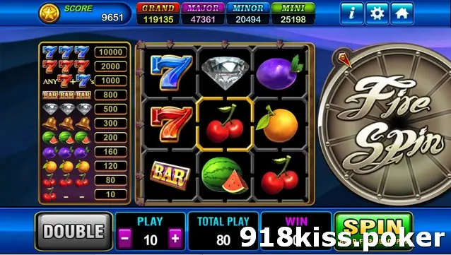Fire Spin on Play8oy with a 3x3 grid of sevens, a diamond, a plum, cherries, an orange, a BAR and a watermelon, a pay list on the left and the Fire Spin wheel on the right