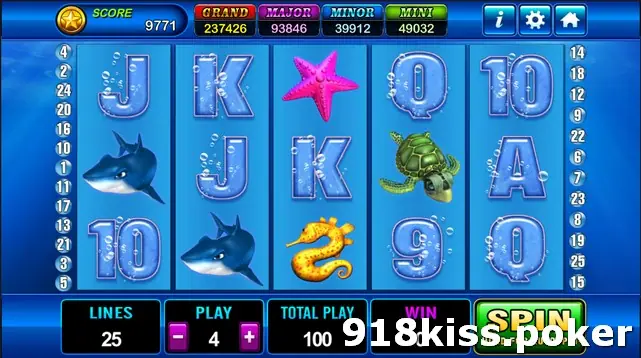 Grand Blue on Play8oy with sharks, a sea turtle, a seahorse and a pink starfish among bubble-style card symbols on five blue reels, with 25 lines and total play 100