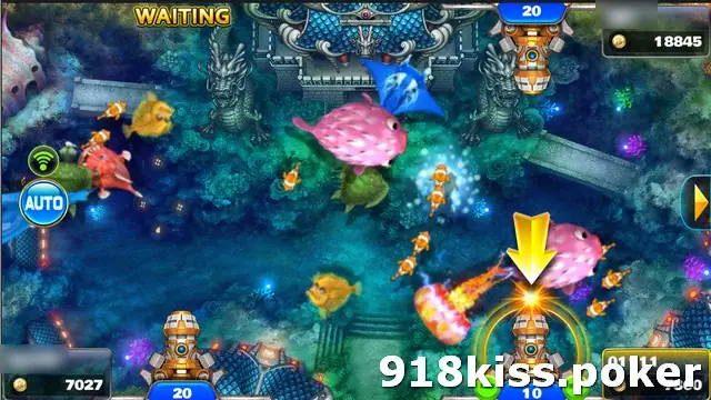 Ocean King 2 EX table with a yellow arrow marking the player's own cannon, a flaming shot towards a puffer fish, and a Waiting sign at an empty seat
