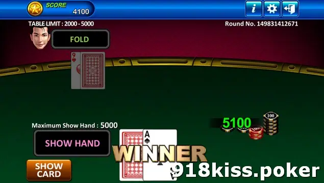 Show Hand table with the opponent's hand folded, the player's ace and face-down card, a WINNER banner and 5100 in chips moving to the player