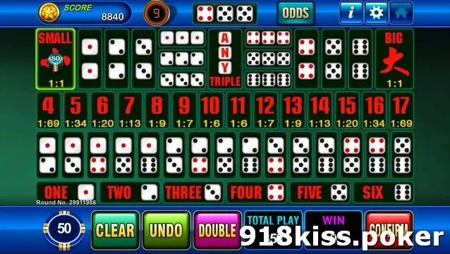 Super Sic Bo board on Play8oy with Small and Big boxes marked with Chinese characters, pairs, Any Triple, totals 4 to 17 with odds from 1:6 to 1:69, and a 50 chip on Small