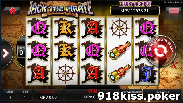 Jack The Pirate reels on an old sea map with Q, K, A letters, ship's wheels and telescopes, a Luxury Jackpot box top right and LINES 9