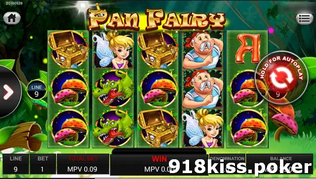 Pan Fairy reels in a green forest with a treasure chest, fairy, dragon, mushrooms and a bald sailor, at 9 lines
