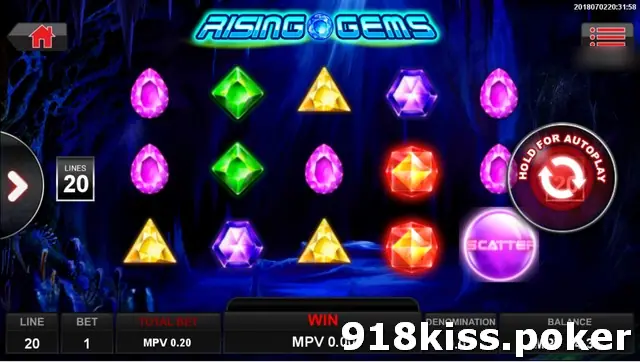 Rising Gems reels in a dark blue cave with pink, green, yellow, purple and red gems and a purple Scatter orb on reel 5, at 20 lines
