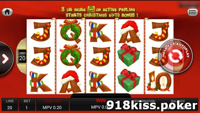 Santa Surprise reels with wooden letters wearing Santa hats and scarves, stockings, wreaths and green gift boxes, under a banner about the Christmas Gifts bonus