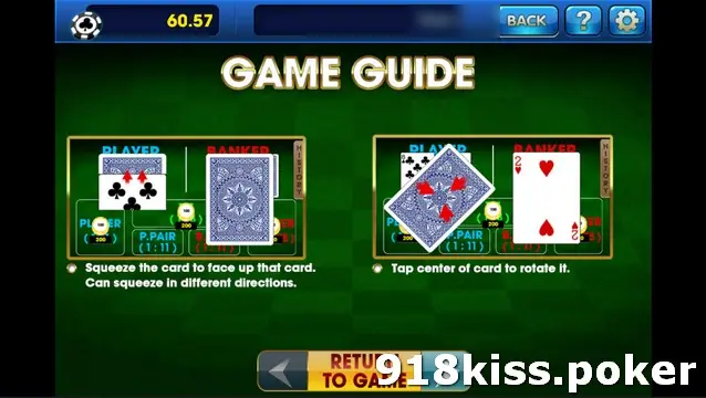 3Win8 Baccarat game guide showing a finger squeezing a card on the left and a card being rotated on the right