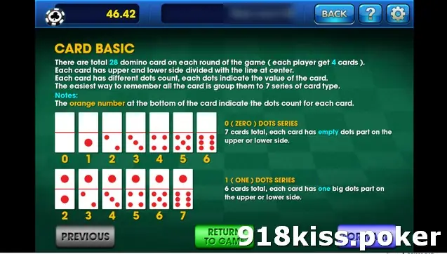 3Win8 Domino CARD BASIC guide showing the 0 dots series and 1 dots series tiles with their counts