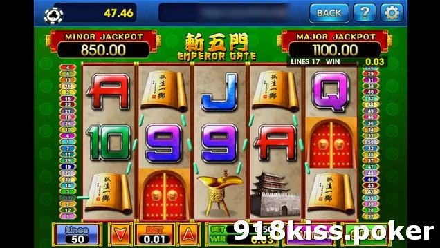 Emperor Gate on 3Win8 with MINOR JACKPOT 850.00 and MAJOR JACKPOT 1100.00, 50 lines and reels of scrolls, gates, a pagoda and card symbols